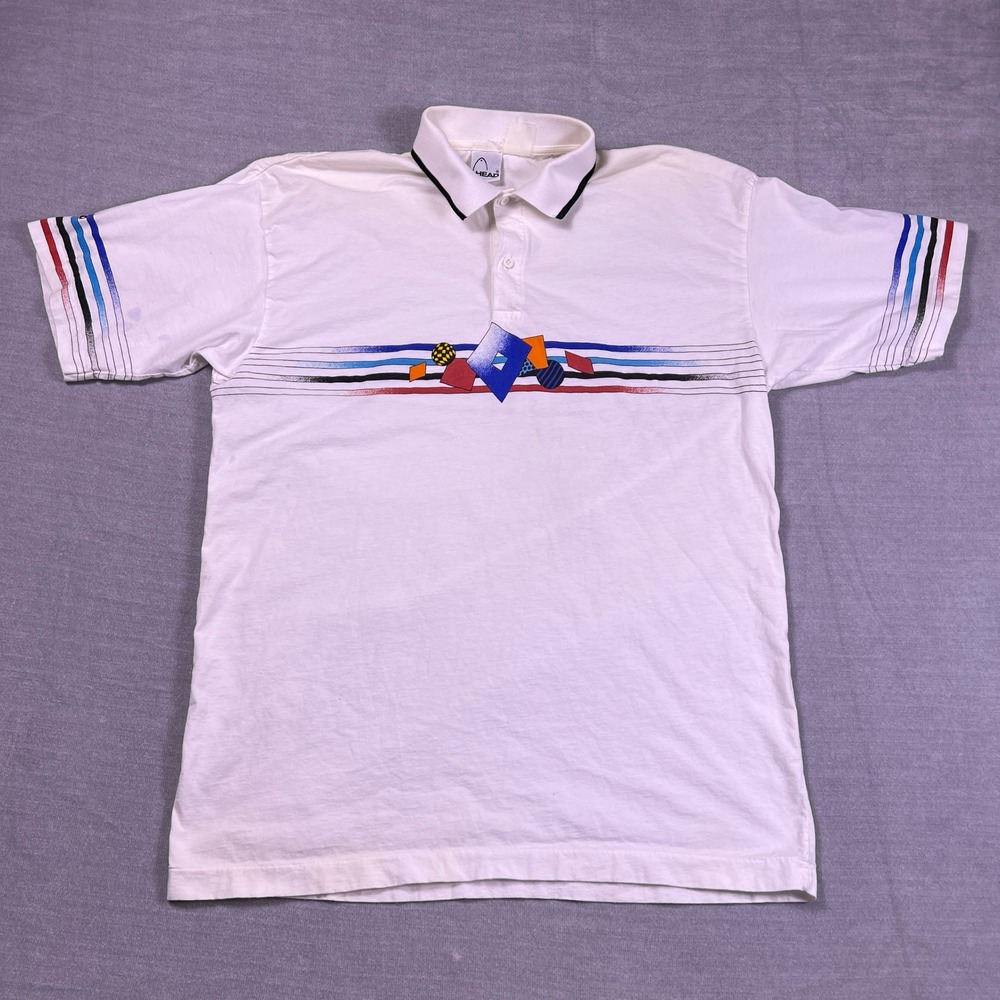 Vintage Head Mens White Abstract Graphic Tennis Polo Shirt Short Sleeve Size M